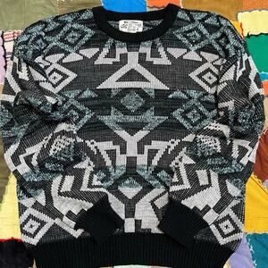 Vintage Expressions Teal/White/Black Geometric Sweater Large